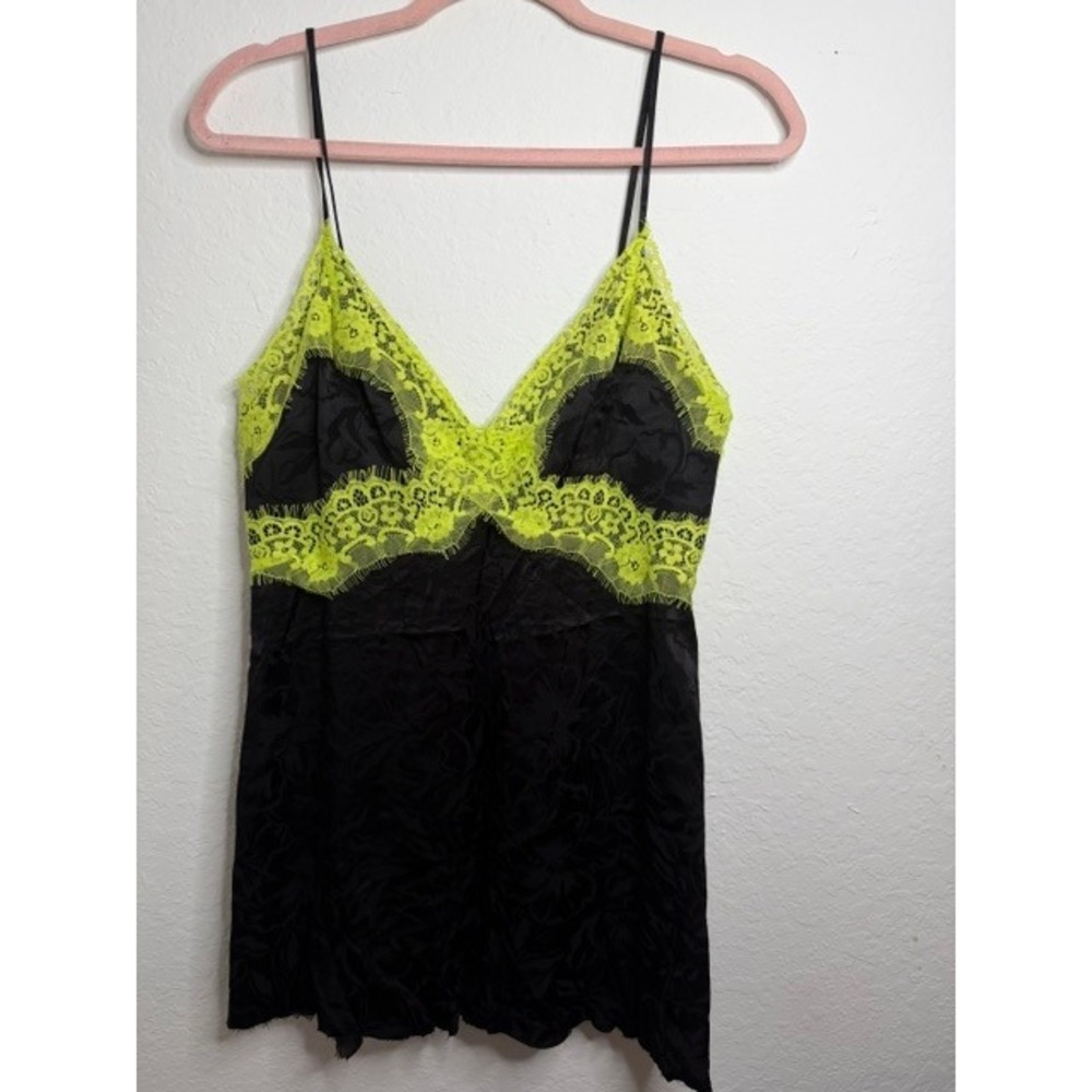 Alice + Olivia Black Floral Jacquard Neon Yellow Lace Trim Camisole Top
